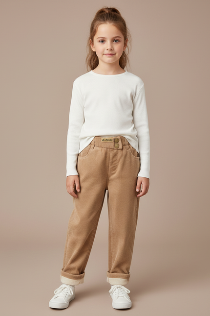 Pantalon Marron Côtelé Doublé Chaud Enfant - Camel Cordé