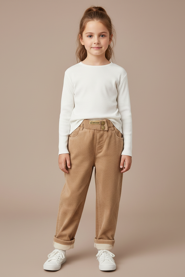 Pantalon Marron Côtelé Doublé Chaud Enfant - Camel Cordé