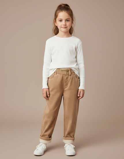 Pantalon Marron Côtelé Doublé Chaud Enfant - Camel Cordé