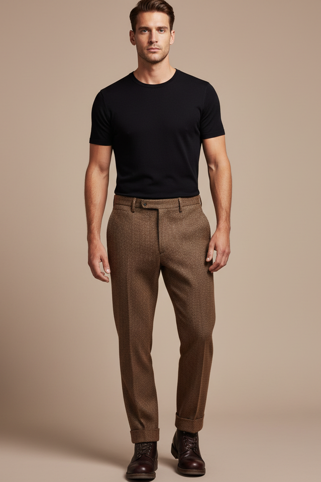 Pantalon Marron Laine Droit Texture Élégant Homme - Tweed