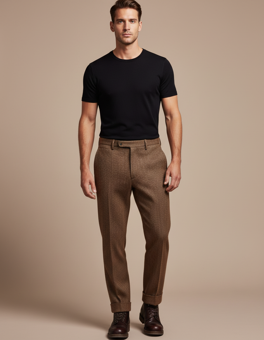 Pantalon Marron Laine Droit Texture Élégant Homme - Tweed