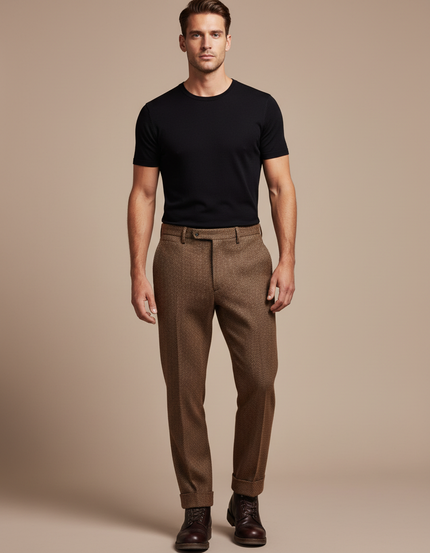 Pantalon Marron Laine Droit Texture Élégant Homme - Tweed