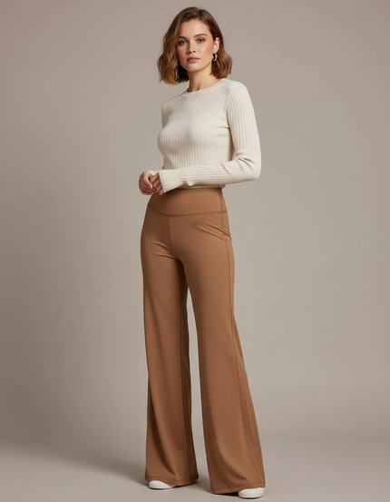 Pantalon Marron Fluide Évasé Taille Haute Confortable - Camel Maille