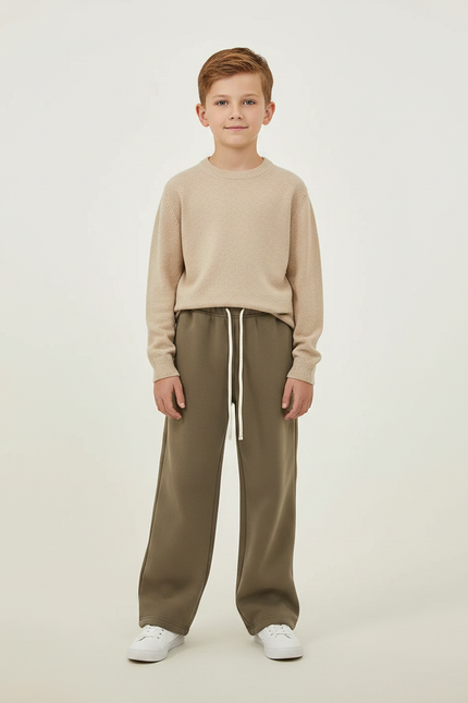 Pantalon Marron Ample Molleton Décontracté Enfant Cordon - Kaki