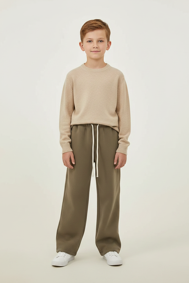 Pantalon Marron Ample Molleton Décontracté Enfant Cordon - Kaki