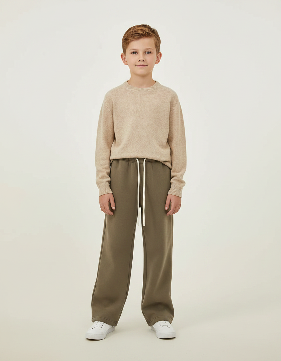 Pantalon Marron Ample Molleton Décontracté Enfant Cordon - Kaki