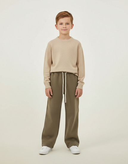 Pantalon Marron Ample Molleton Décontracté Enfant Cordon - Kaki