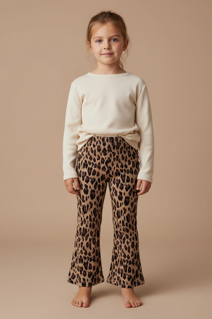Pantalon Marron Léopard Évasé Confortable Fille Tendance - Imprimé Molleton