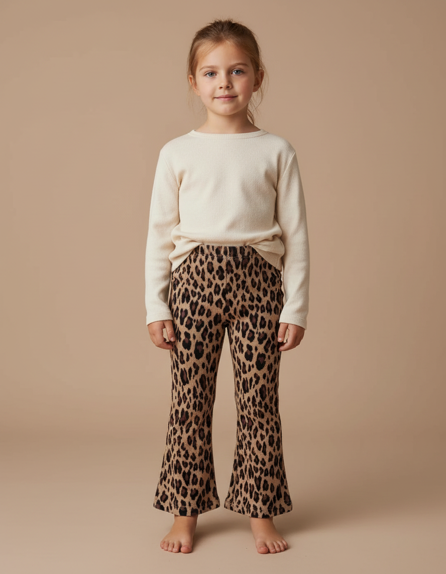 Pantalon Marron Léopard Évasé Confortable Fille Tendance - Imprimé Molleton