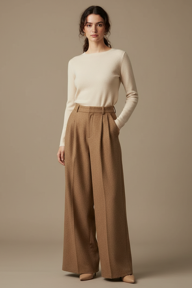 Pantalon Marron Ample Plissé Laine Élégant Femme - Camel