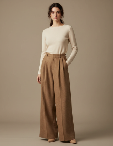 Pantalon Marron Ample Plissé Laine Élégant Femme - Camel
