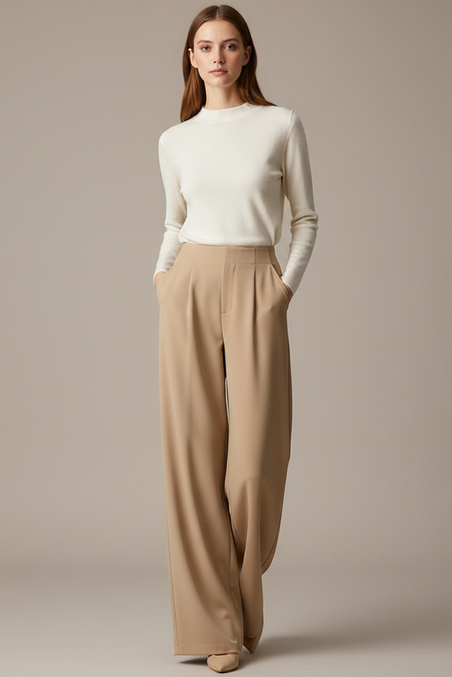 Pantalon Marron Ample Taille Haute Plissé Fluide - Beige Polyester
