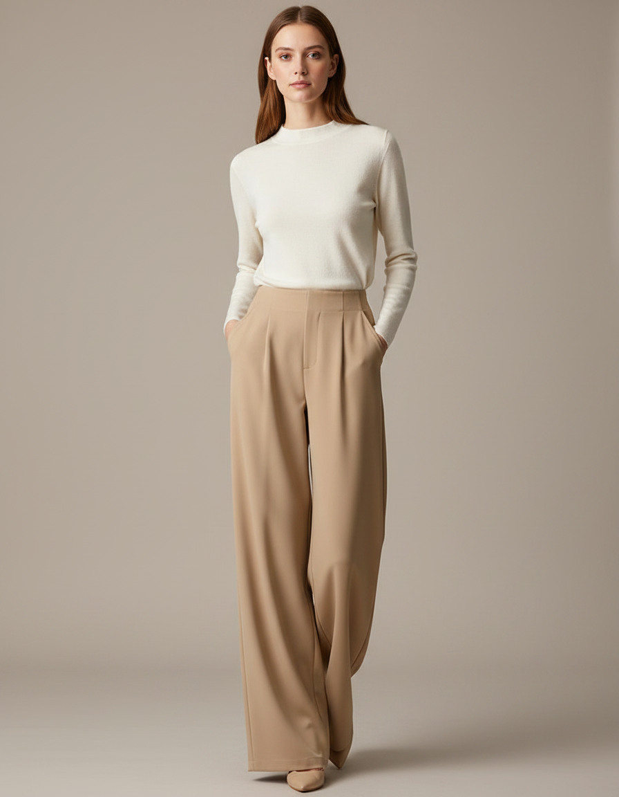 Pantalon Marron Ample Taille Haute Plissé Fluide - Beige Polyester
