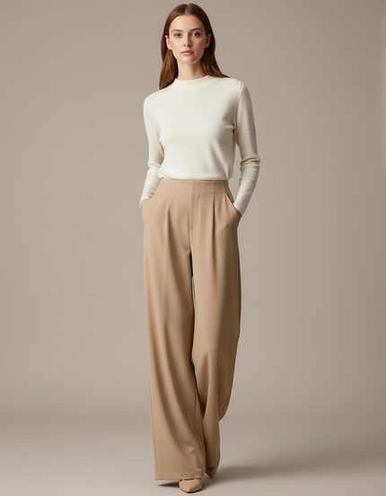 Pantalon Marron Ample Taille Haute Plissé Fluide - Beige Polyester