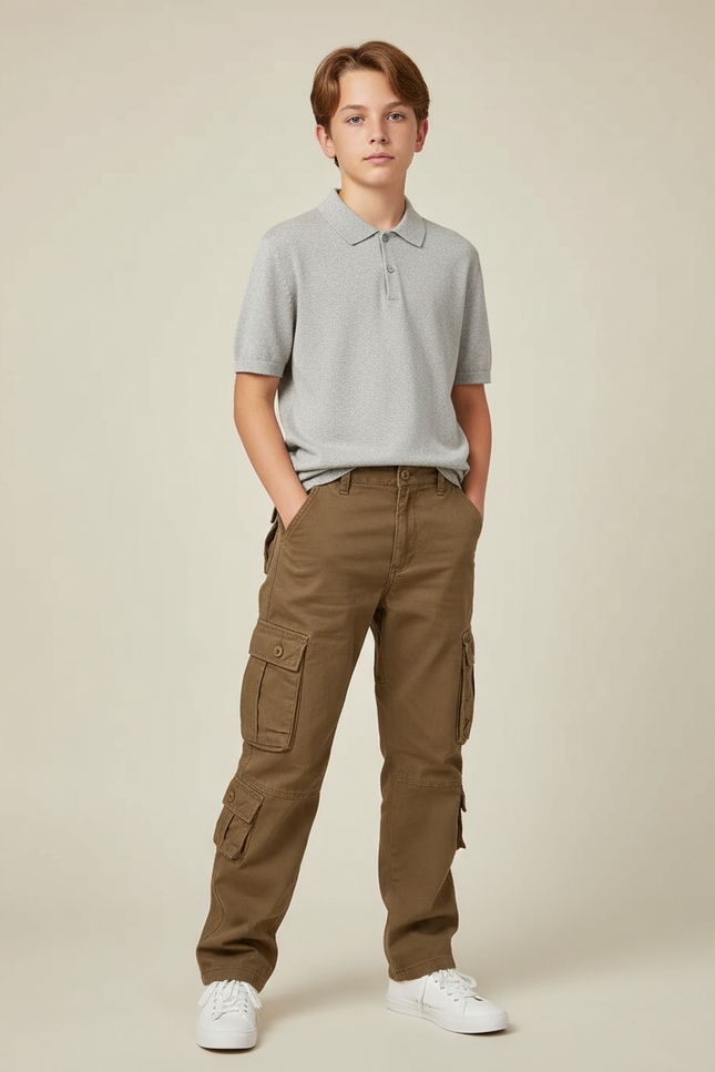 Pantalon Marron Cargo Garçon Multi-Poches Décontracté Coton