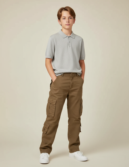 Pantalon Marron Cargo Garçon Multi-Poches Décontracté Coton