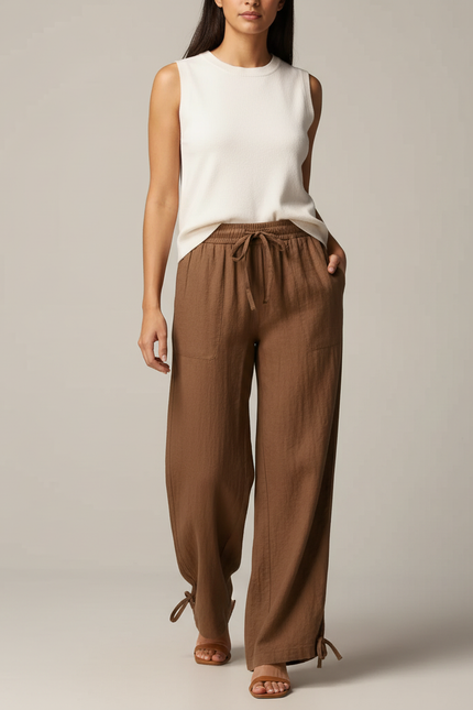 Pantalon Marron Lin Ample Fluide Cordon Femme