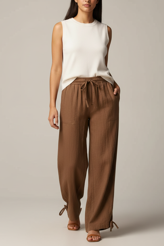 Pantalon Marron Lin Ample Fluide Cordon Femme