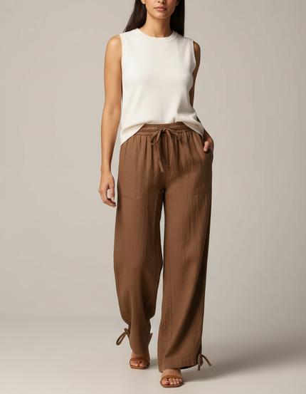 Pantalon Marron Lin Ample Fluide Cordon Femme