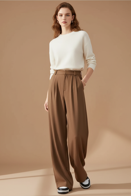 Pantalon Marron Ample Taille Haute Fluide Élégant - Viscose