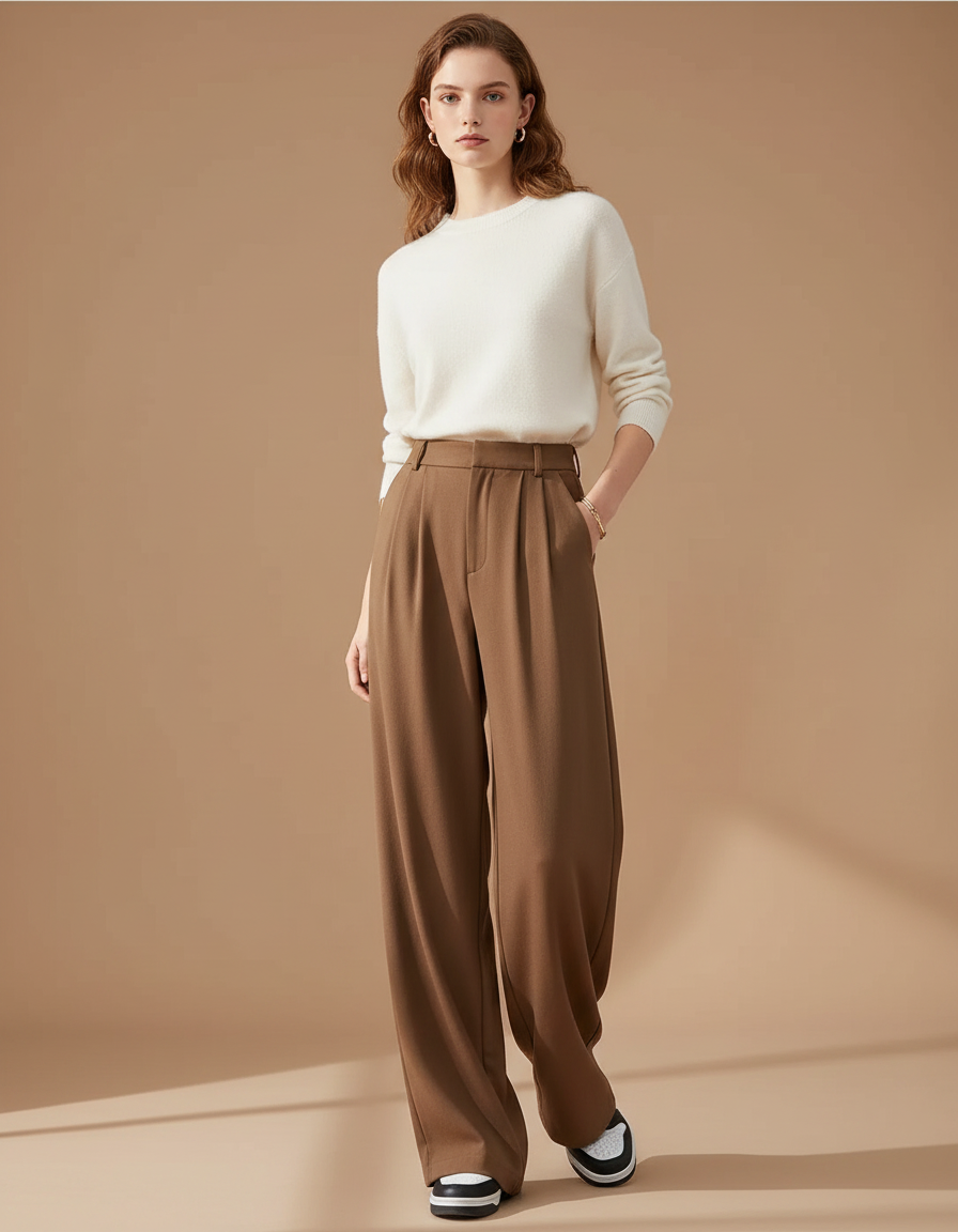 Pantalon Marron Ample Taille Haute Fluide Élégant - Viscose