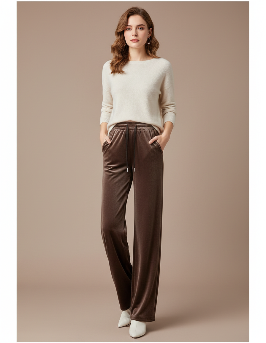 Pantalon Marron Velours Ample Taille Haute Femme