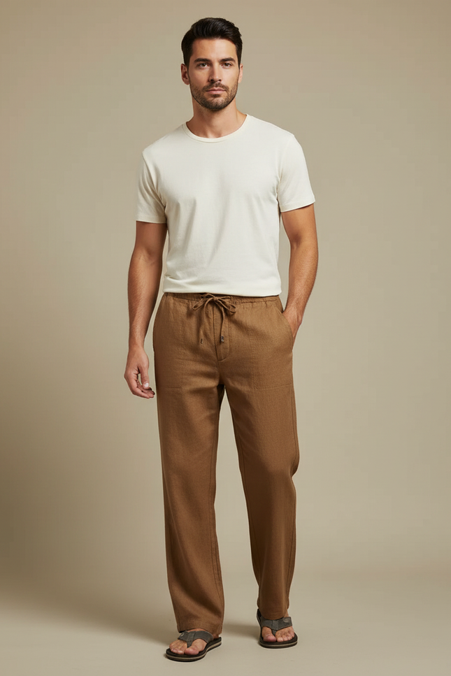 Pantalon Marron Lin Droit Décontracté Cordon Homme