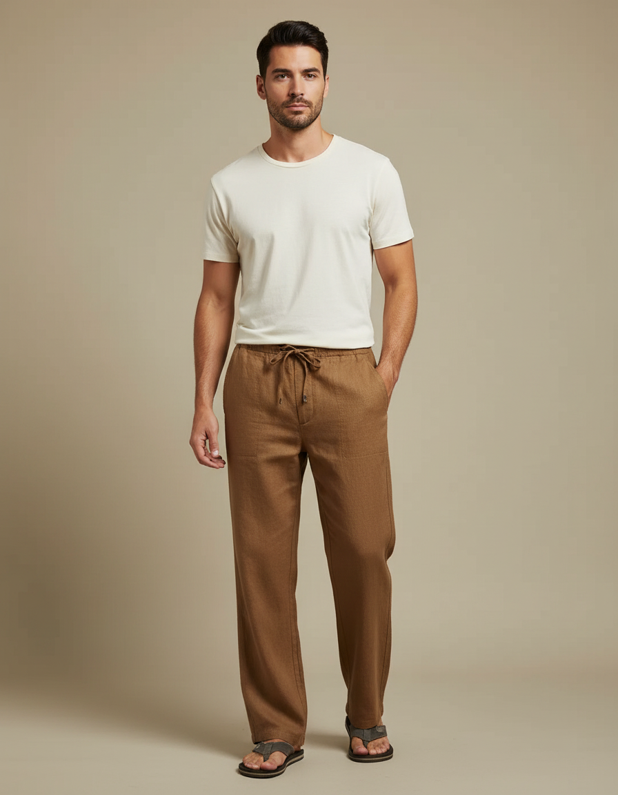 Pantalon Marron Lin Droit Décontracté Cordon Homme