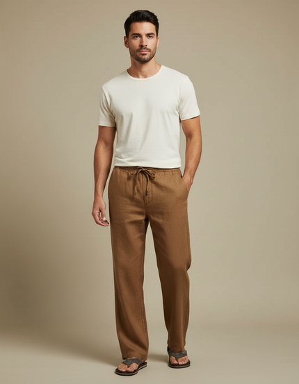 Pantalon Marron Lin Droit Décontracté Cordon Homme