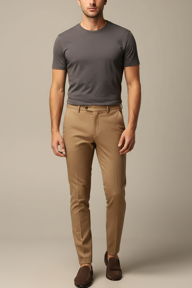 Pantalon Marron Slim Fit Homme Élégant Décontracté - Camel Gabardine
