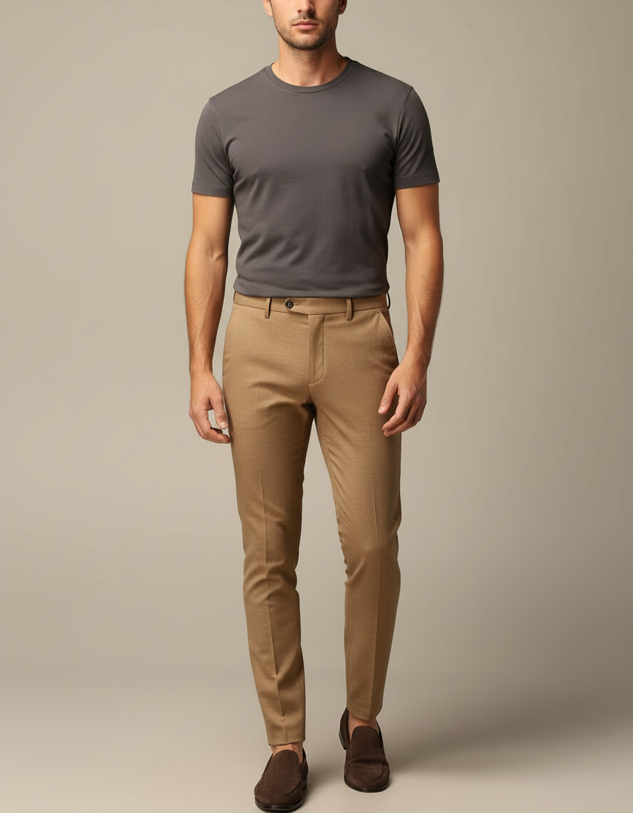 Pantalon Marron Slim Fit Homme Élégant Décontracté - Camel Gabardine