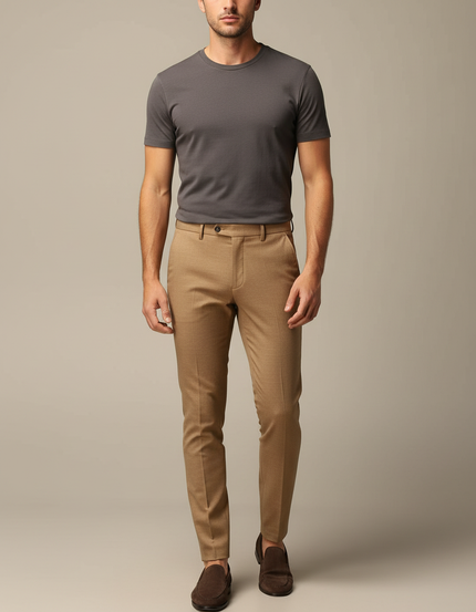 Pantalon Marron Slim Fit Homme Élégant Décontracté - Camel Gabardine