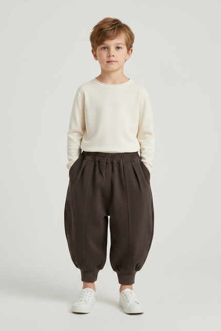 Pantalon Marron Ample Coton Plissé Décontracté Garçon - Molleton