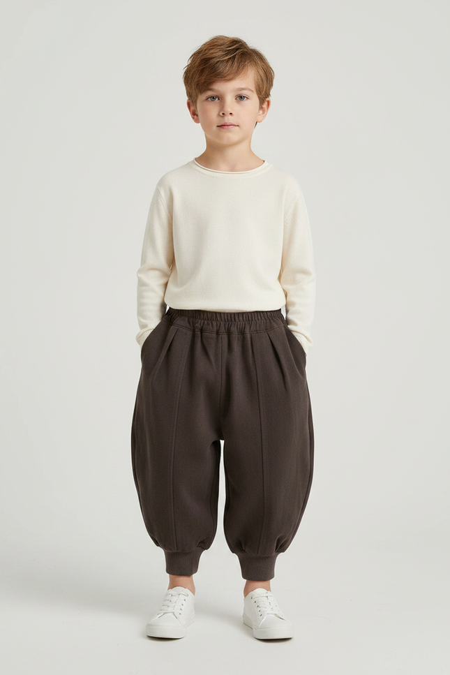 Pantalon Marron Ample Coton Plissé Décontracté Garçon - Molleton