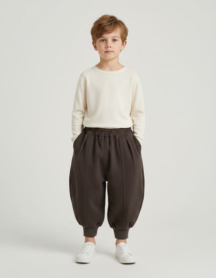 Pantalon Marron Ample Coton Plissé Décontracté Garçon - Molleton