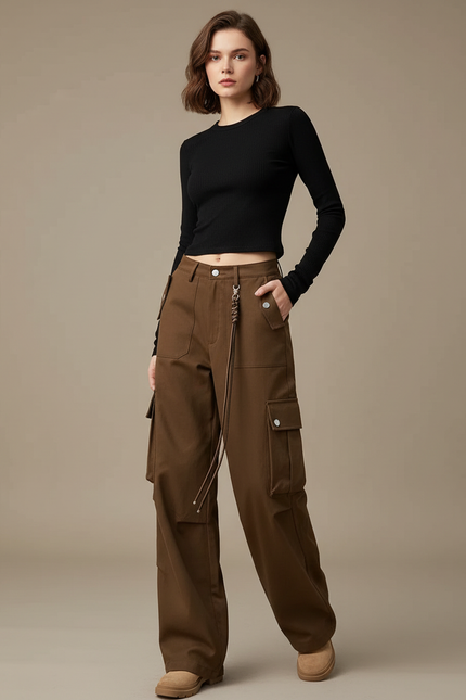 Pantalon Marron Cargo Ample Coton Multipoches Décontracté Femme