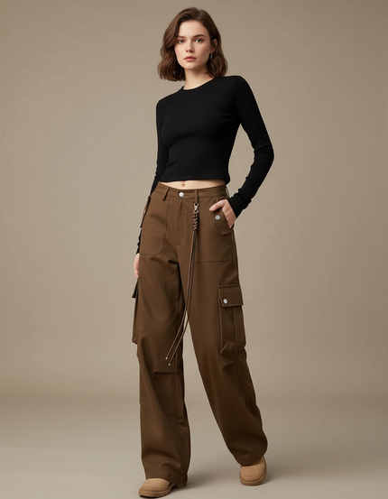 Pantalon Marron Cargo Ample Coton Multipoches Décontracté Femme