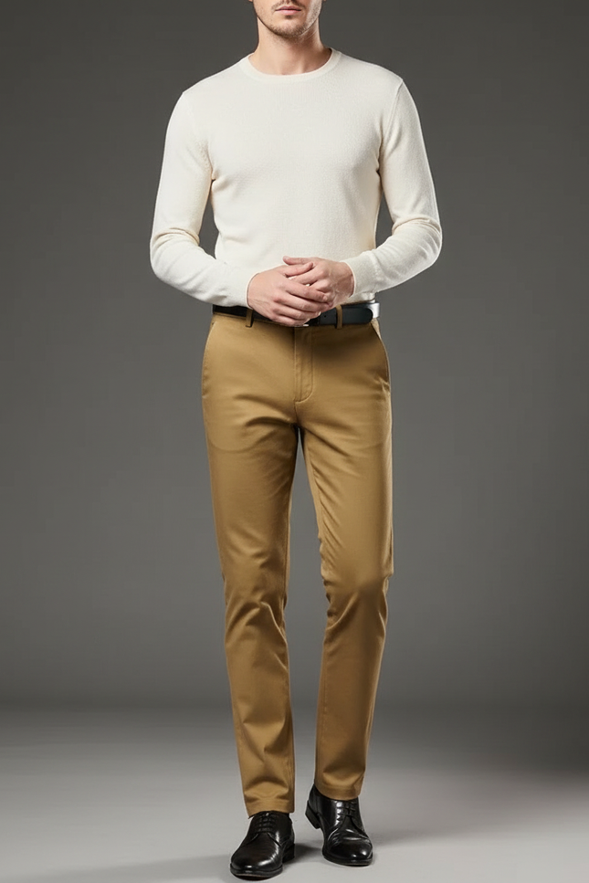 Pantalon Marron Homme Coton Droit Classique Élégant - Kaki Gabardine