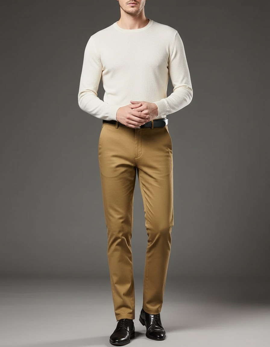 Pantalon Marron Homme Coton Droit Classique Élégant - Kaki Gabardine