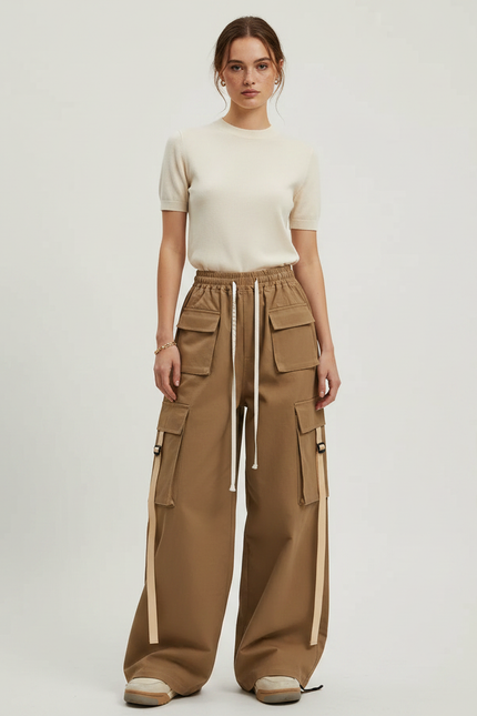 Pantalon Marron Cargo Ample Coton Ruban