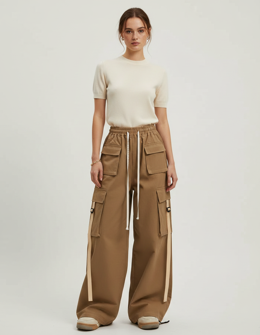Pantalon Marron Cargo Ample Coton Ruban