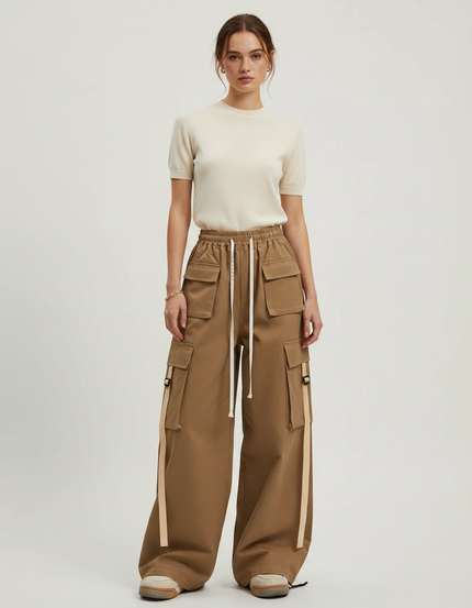 Pantalon Marron Cargo Ample Coton Ruban