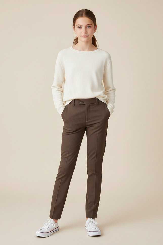 Pantalon Marron Slim Rayures Discrètes Décontracté Fille - Gabardine