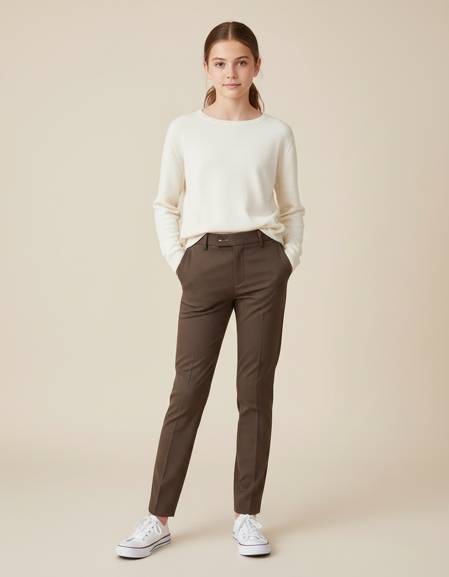 Pantalon Marron Slim Rayures Discrètes Décontracté Fille - Gabardine