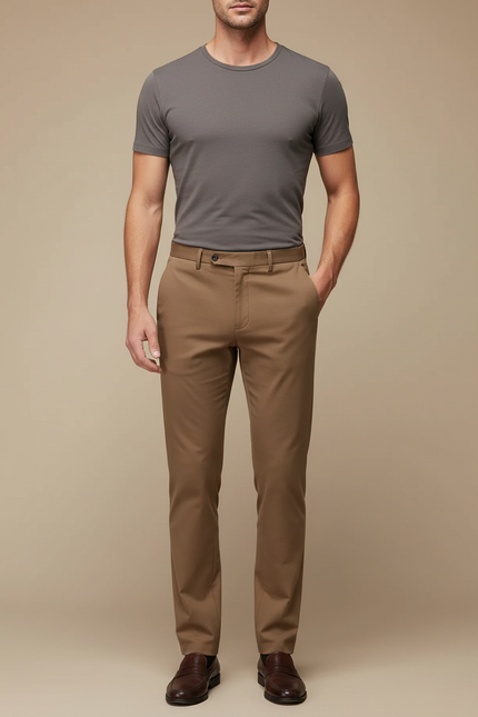 Pantalon Marron Homme Droit Coton Stretch Décontracté Classique