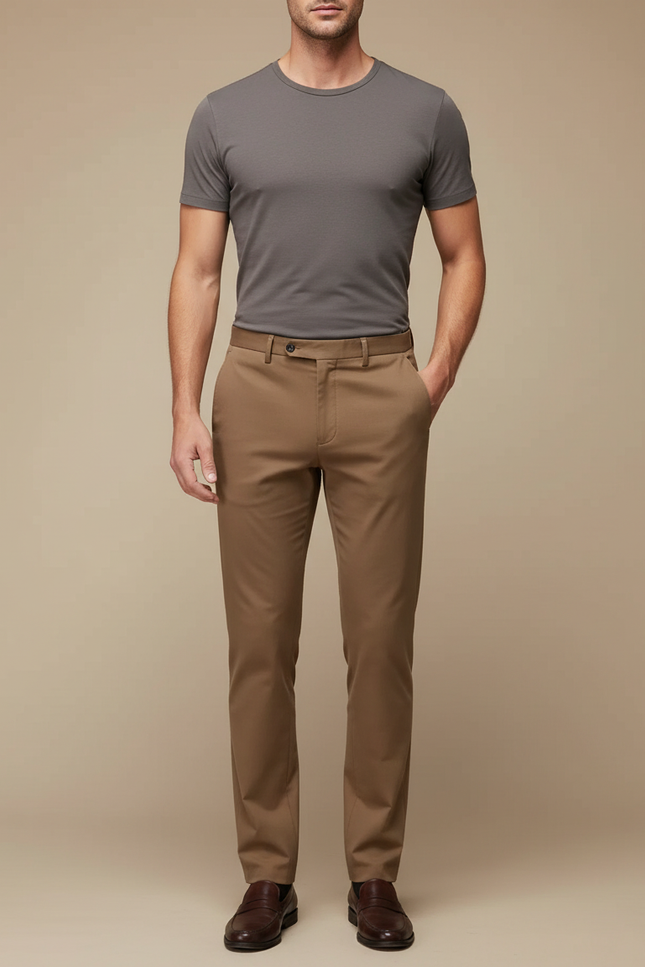 Pantalon Marron Homme Droit Coton Stretch Décontracté Classique