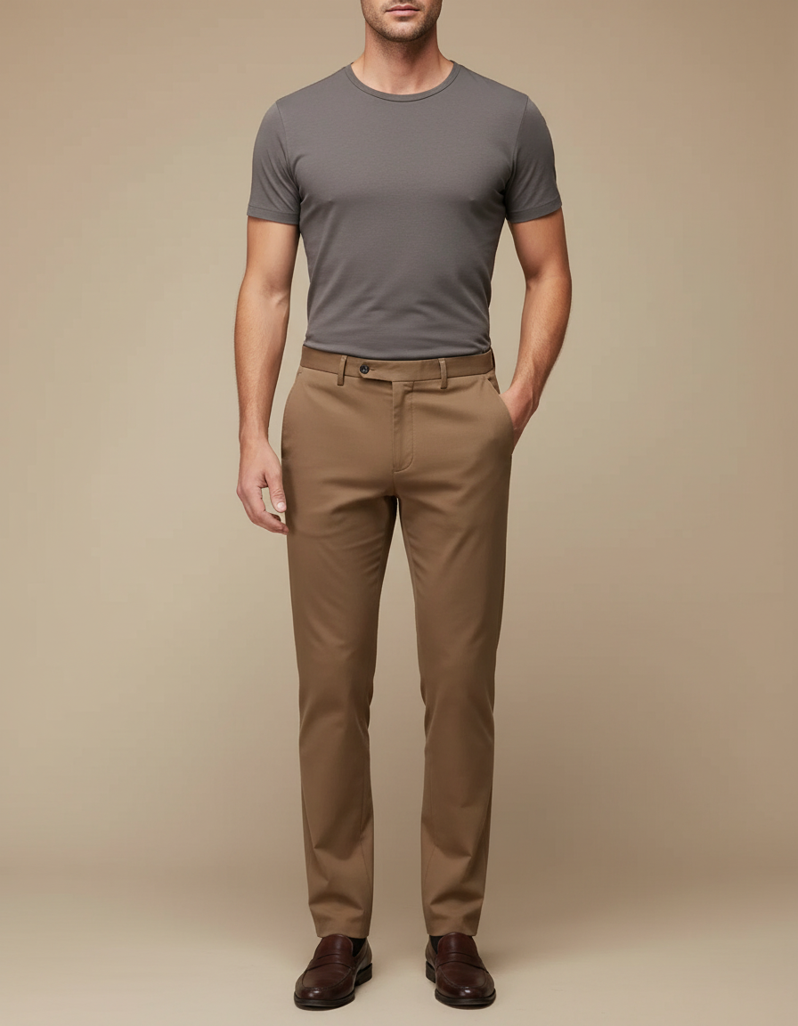 Pantalon Marron Homme Droit Coton Stretch Décontracté Classique