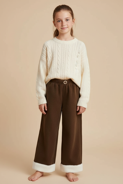 Pantalon Marron Côtelé Ample Doublé Chaud Enfant - Cordé