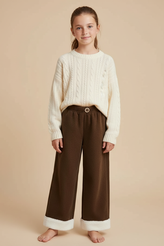 Pantalon Marron Côtelé Ample Doublé Chaud Enfant - Cordé