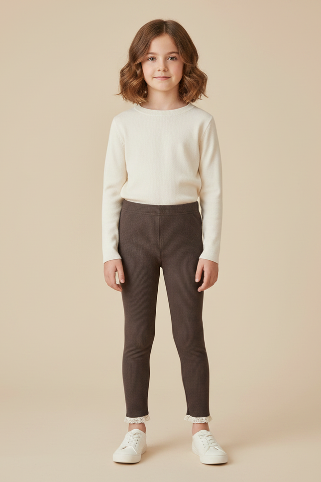 Pantalon Marron Côtelé Doux Fille Dentelle - Maille